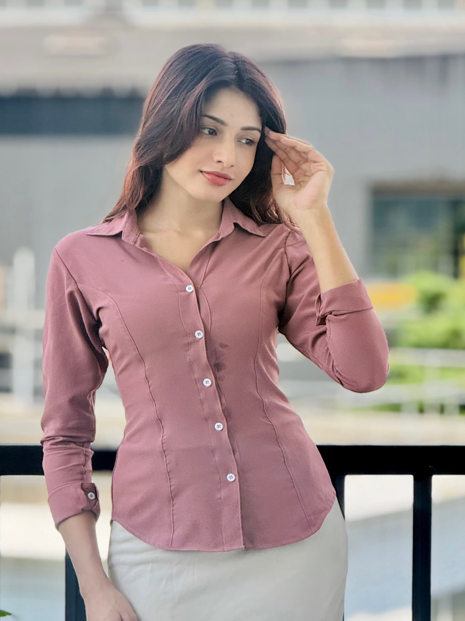 DILSH Dusty Rose Lace-Up Fitted Office Shirt