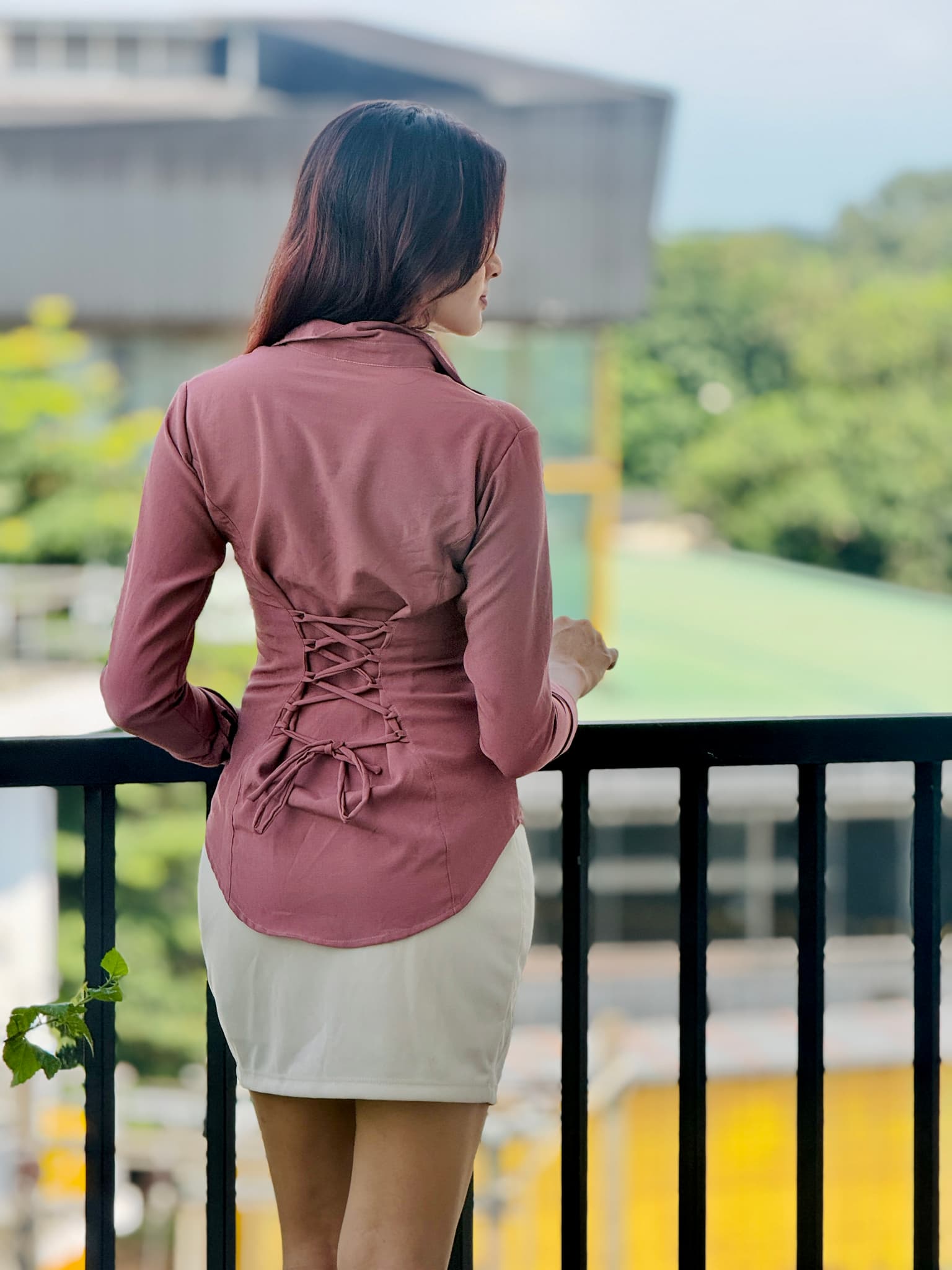 DILSH Dusty Rose Lace-Up Fitted Office Shirt